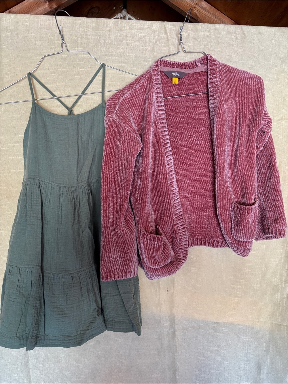 Rose Pink Chenille Open Cardigan with Pockets & Gap Sundress